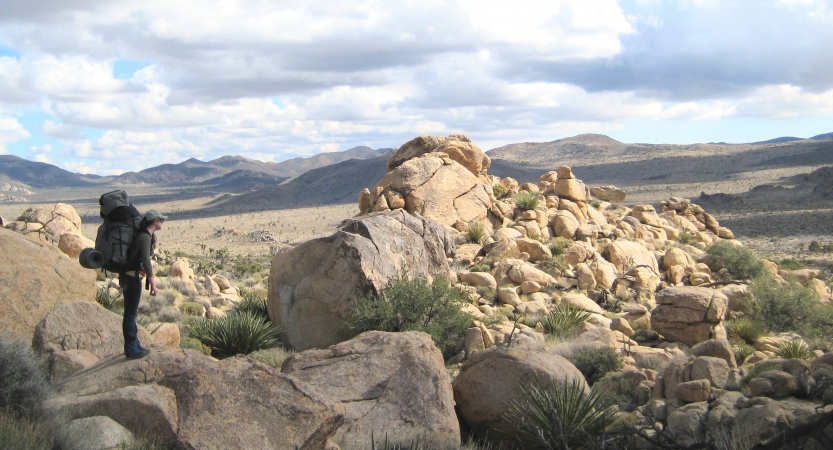 A person wearing a backpack stands near a large rock formation in a desert landscape. 